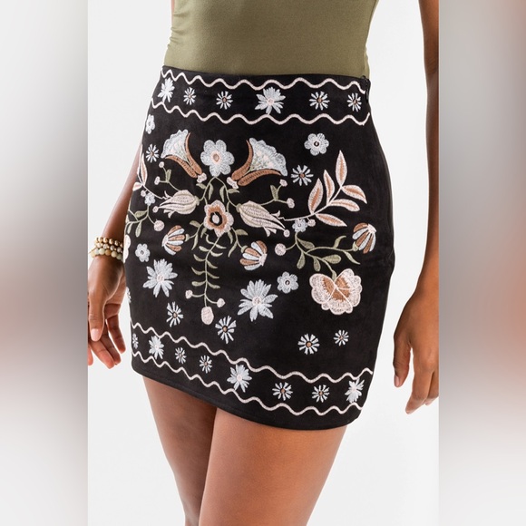 miami Dresses & Skirts - Mi Ami Billie Embroidered Mini Skirt; Suede Like Boho Skirt
